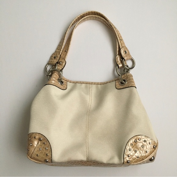 Kathy Van Zeeland ivory cream taupe studded shoulder bag purse - Picture 1 of 11